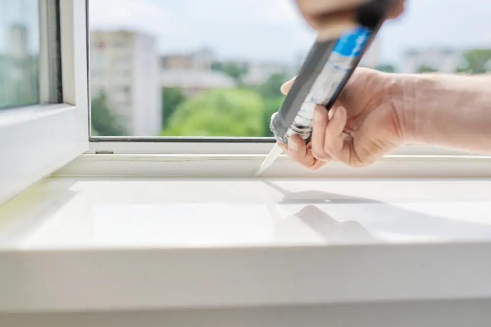 Monteur dichtet die Anschlussfuge eines neuen Fensters nach RAL-Montage ab