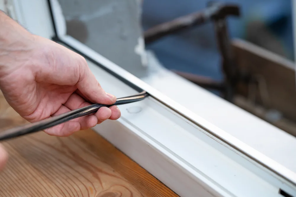 Alte Fensterdichtung wird aus der Nut gezogen und durch eine neue ersetzt