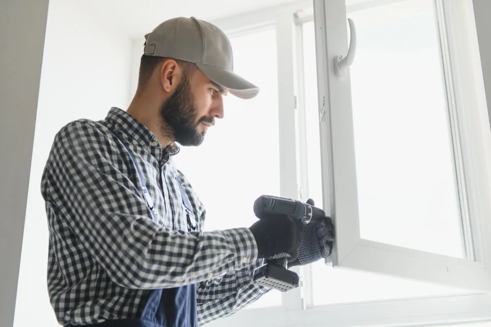 Monteur setzt ein neues Kunststofffenster in die Wandöffnung ein
